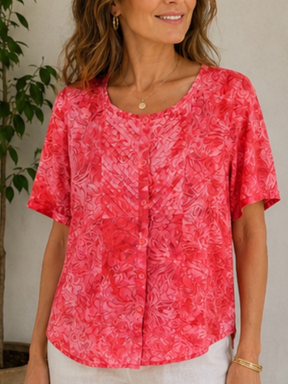 Liz & Me‎ Orange Red Boxy Buttoned Blouse
